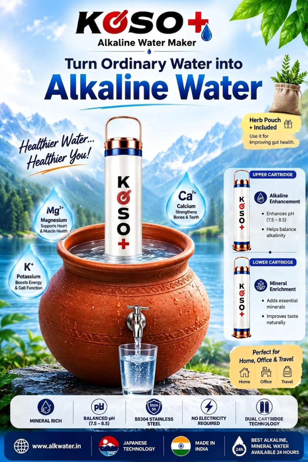KOSO+ Alkaline Water Maker | Dual Cartridge Mineral Enrichment System | SS304 Stainless Steel