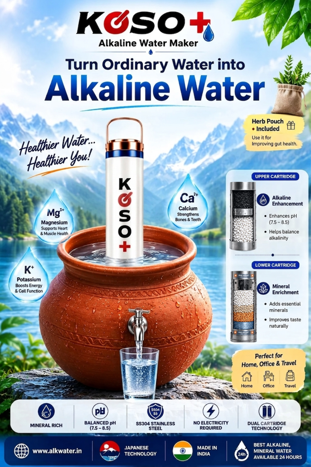 KOSO+ Alkaline Water Maker | Dual Cartridge Mineral Enrichment System | SS304 Stainless Steel