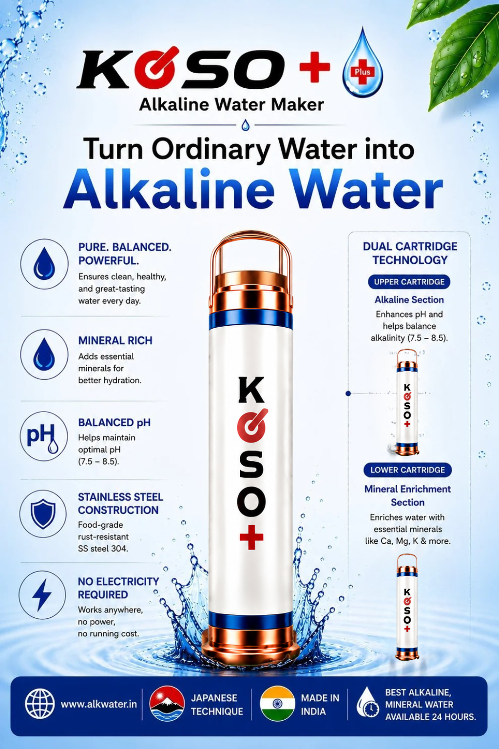 KOSO+ Alkaline Water Maker | Dual Cartridge Mineral Enrichment System | SS304 Stainless Steel