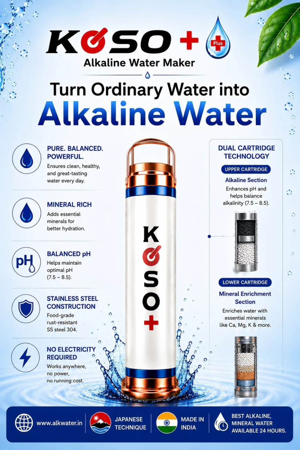 KOSO+ Alkaline Water Maker | Dual Cartridge Mineral Enrichment System | SS304 Stainless Steel