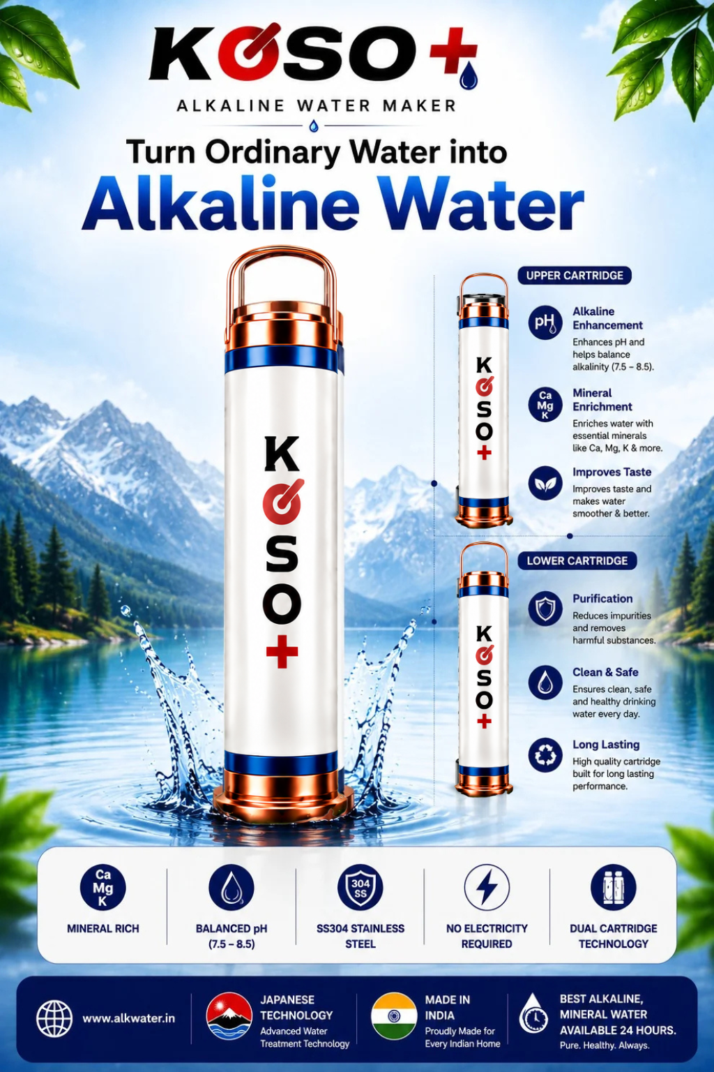 KOSO+ Alkaline Water Maker | Dual Cartridge Mineral Enrichment System | SS304 Stainless Steel