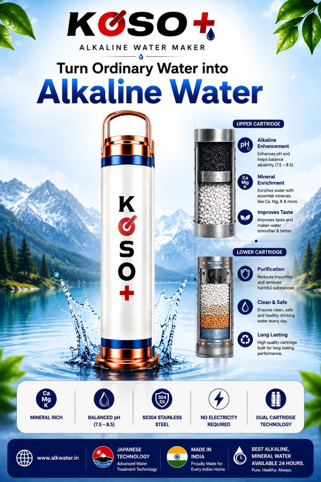 KOSO+ Alkaline Water Maker | Dual Cartridge Mineral Enrichment System | SS304 Stainless Steel