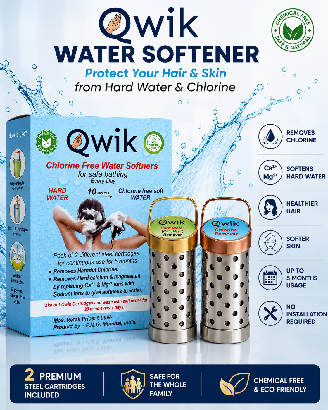 Qwik Water Softener & Chlorine Remover for Bath Water | Dual Cartridge Water Softening Solution